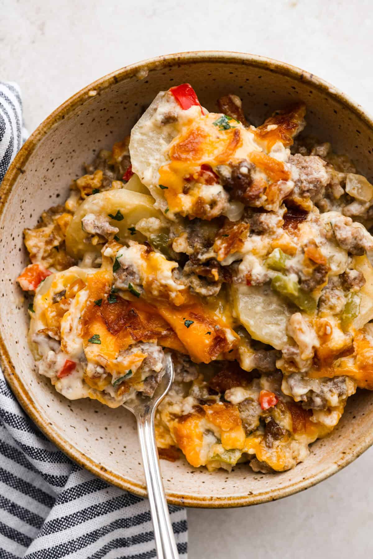 Overhead shot of plated casserole.